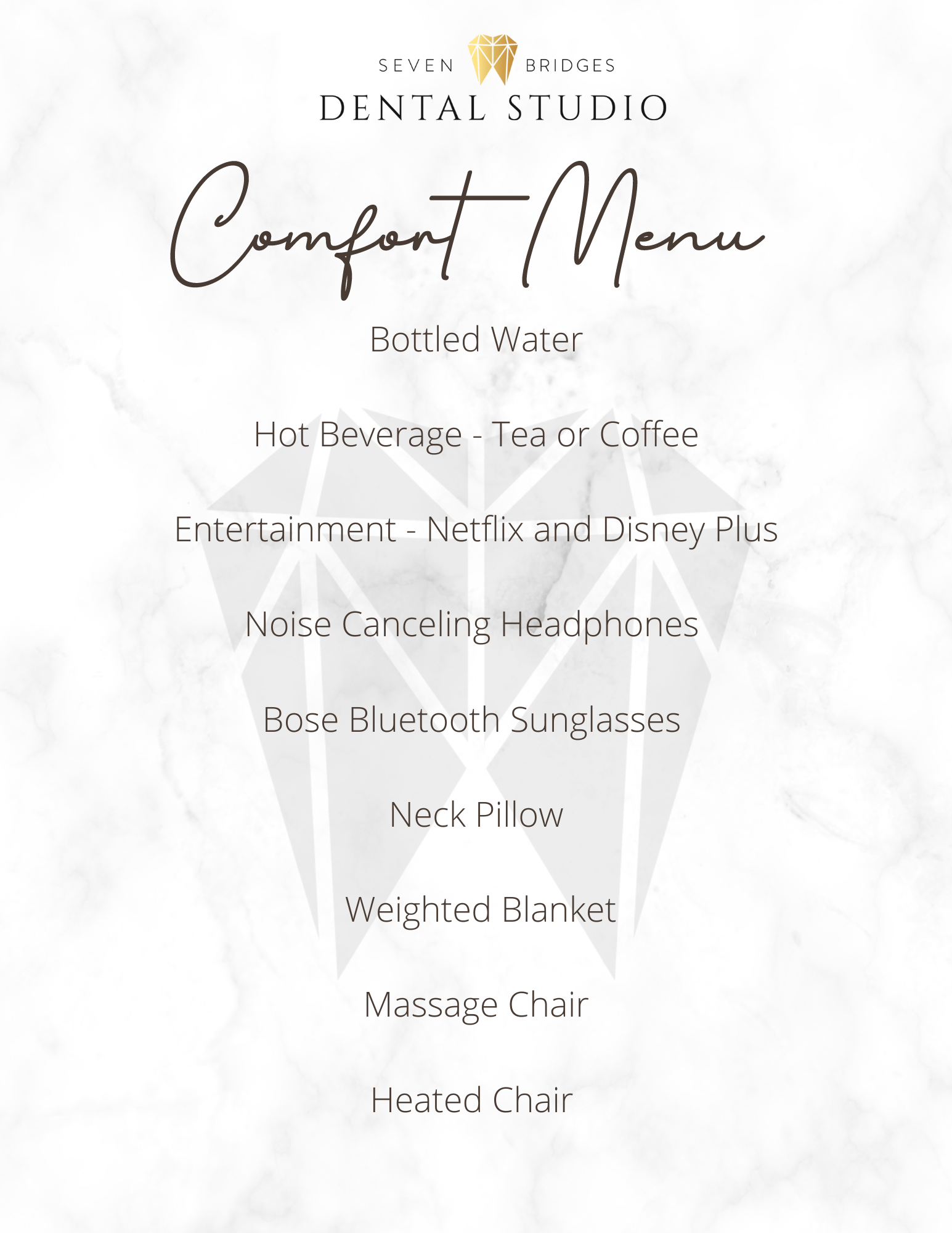 Seven Bridges Dental Studio Comfort Menu